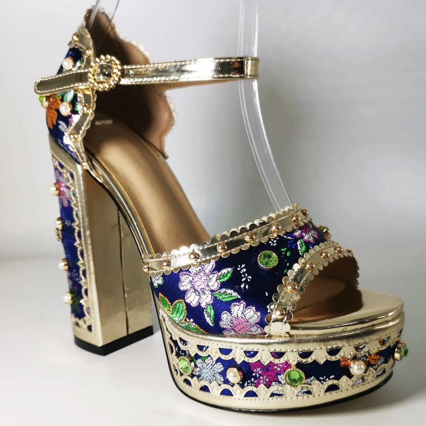 Ubililia Peep Toe Luxury Double Platform Heels for Women Fashion Design Ladies Shoes Ankle Strap Crystal Platform Chunky Sandals