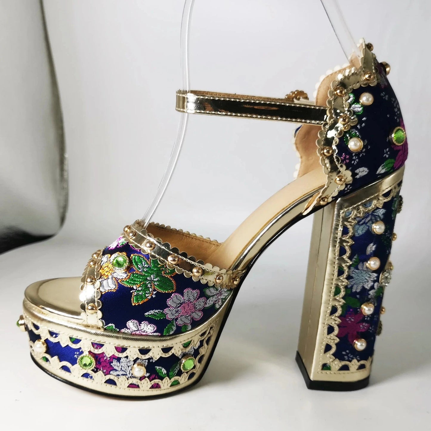 Ubililia Peep Toe Luxury Double Platform Heels for Women Fashion Design Ladies Shoes Ankle Strap Crystal Platform Chunky Sandals