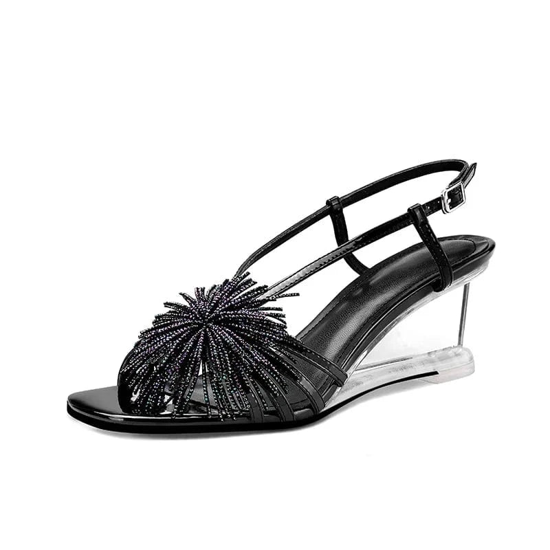 Ubililia PVC clear wedge heels rhinestone tassels Sexy ladies summer sandals Koran ankle strap Party Heels Sandals for Woman