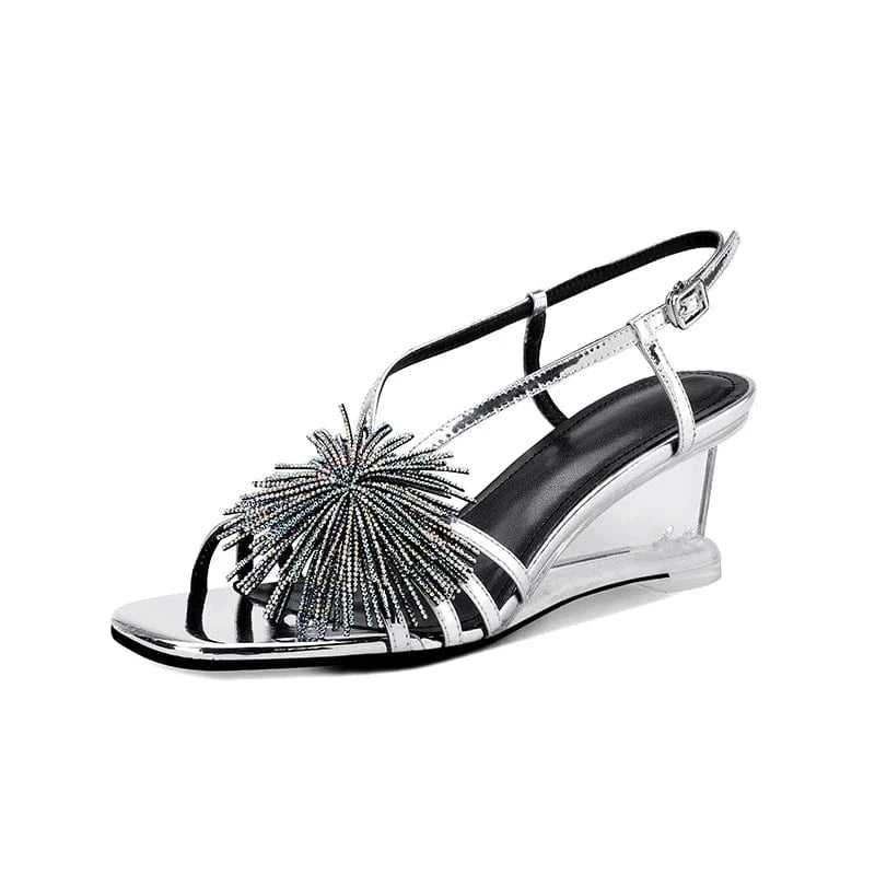 Ubililia PVC clear wedge heels rhinestone tassels Sexy ladies summer sandals Koran ankle strap Party Heels Sandals for Woman