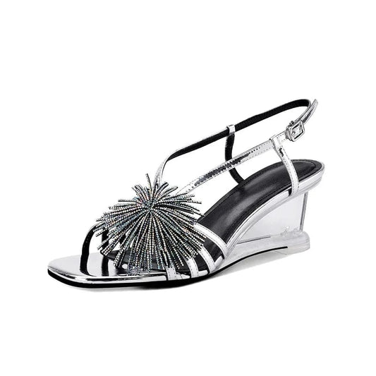 Ubililia PVC clear wedge heels rhinestone tassels Sexy ladies summer sandals Koran ankle strap Party Heels Sandals for Woman