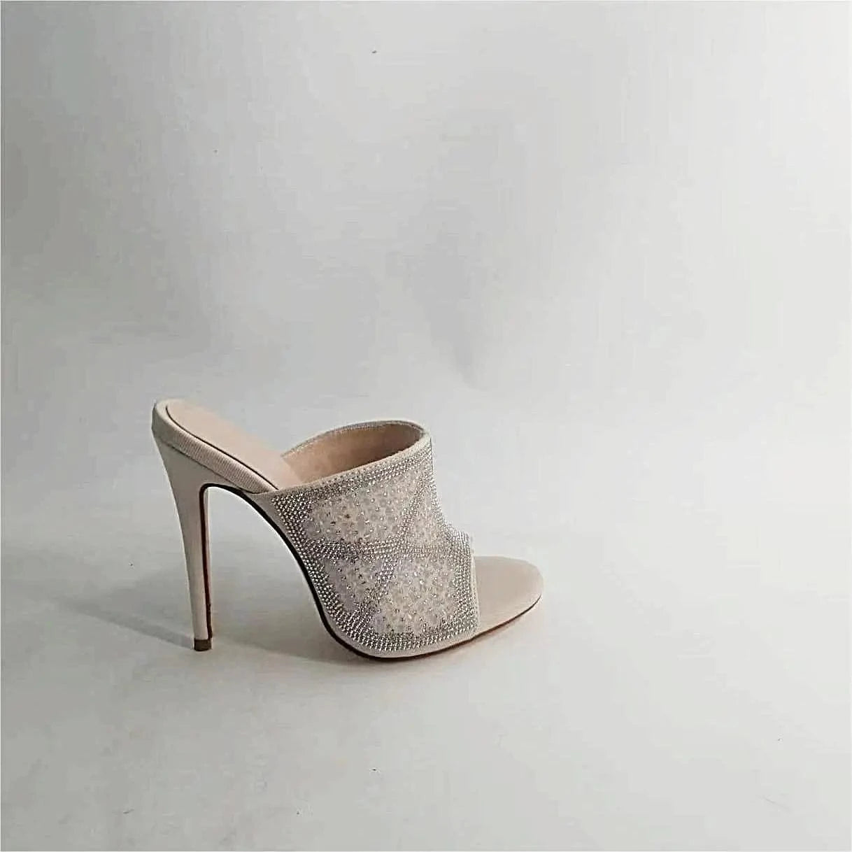 Ubililia Rhinestone high heeled slippers Stretch Fabric mules diamond fashion pointed toe stiletto high heels sandals for women