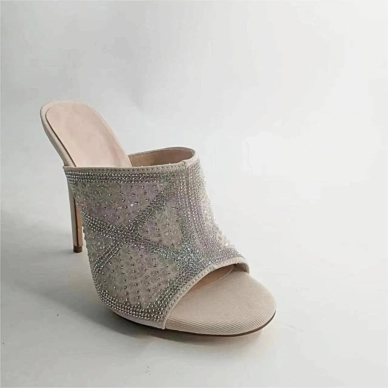 Ubililia Rhinestone high heeled slippers Stretch Fabric mules diamond fashion pointed toe stiletto high heels sandals for women