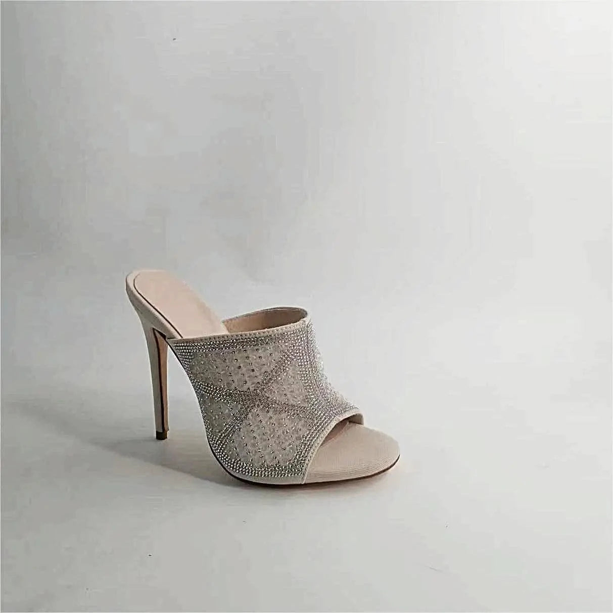 Ubililia Rhinestone high heeled slippers Stretch Fabric mules diamond fashion pointed toe stiletto high heels sandals for women