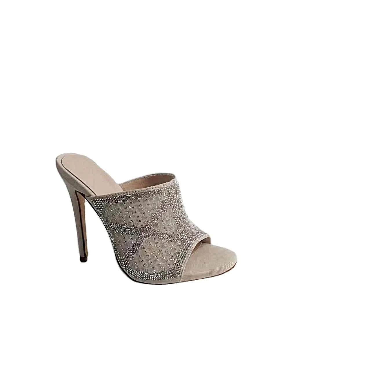 Ubililia Rhinestone high heeled slippers Stretch Fabric mules diamond fashion pointed toe stiletto high heels sandals for women