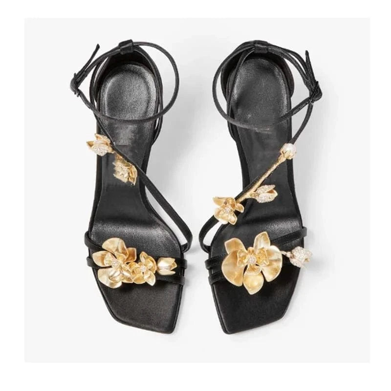 Ubililia Spring High Quality custom shoes Party High Heels sandals gold pearl flower decorative shoes Women's High Heel Sandals