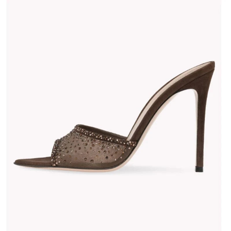 Ubililia stiletto high heel rhinestone mesh peep toe slippers elegant women pointed toe mules shoes sexy ladies heeled sandals