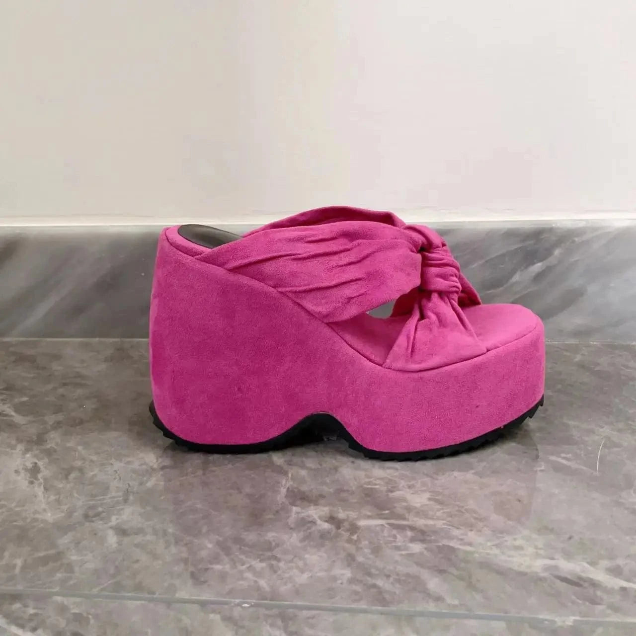 Ubililia Twist Decor Chunky Heeled Mules Slip on Sandals Thick High Heels Platform Sexy lady Shoes wedge heels slippers