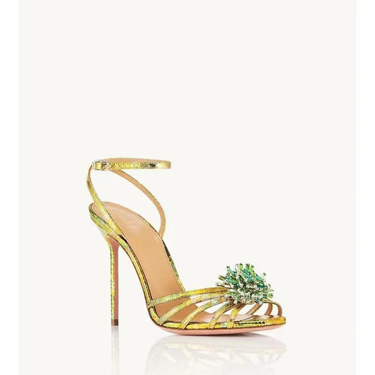 Ubililia Wholesale Custom Pointed round Toe crystal flower Stiletto high heels Women shoes Luxury Ankle Strap Sandals for summer