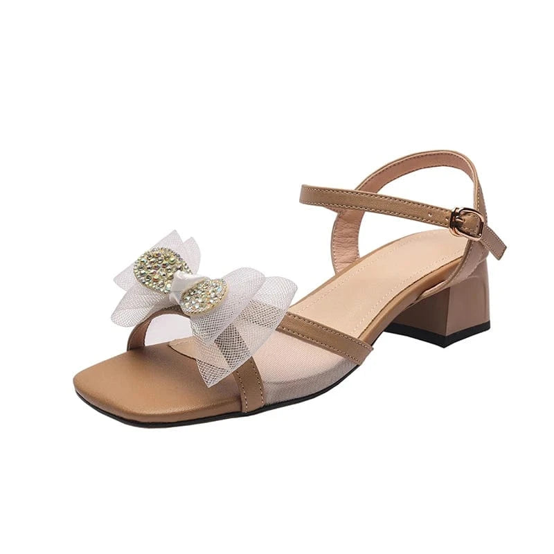 Ubililia Wholesale Sweet Pearl Butterfly High Heel Sandals Women Shoes Korean Style mesh Knot Thick Heel One Buckle Sandals
