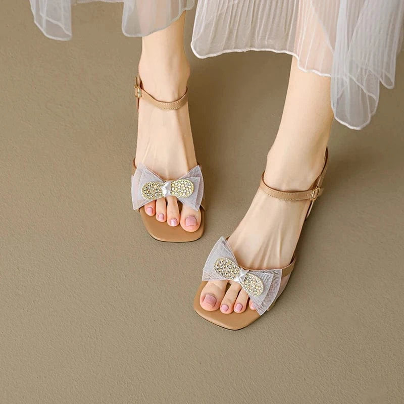 Ubililia Wholesale Sweet Pearl Butterfly High Heel Sandals Women Shoes Korean Style mesh Knot Thick Heel One Buckle Sandals