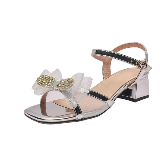 Ubililia Wholesale Sweet Pearl Butterfly High Heel Sandals Women Shoes Korean Style mesh Knot Thick Heel One Buckle Sandals