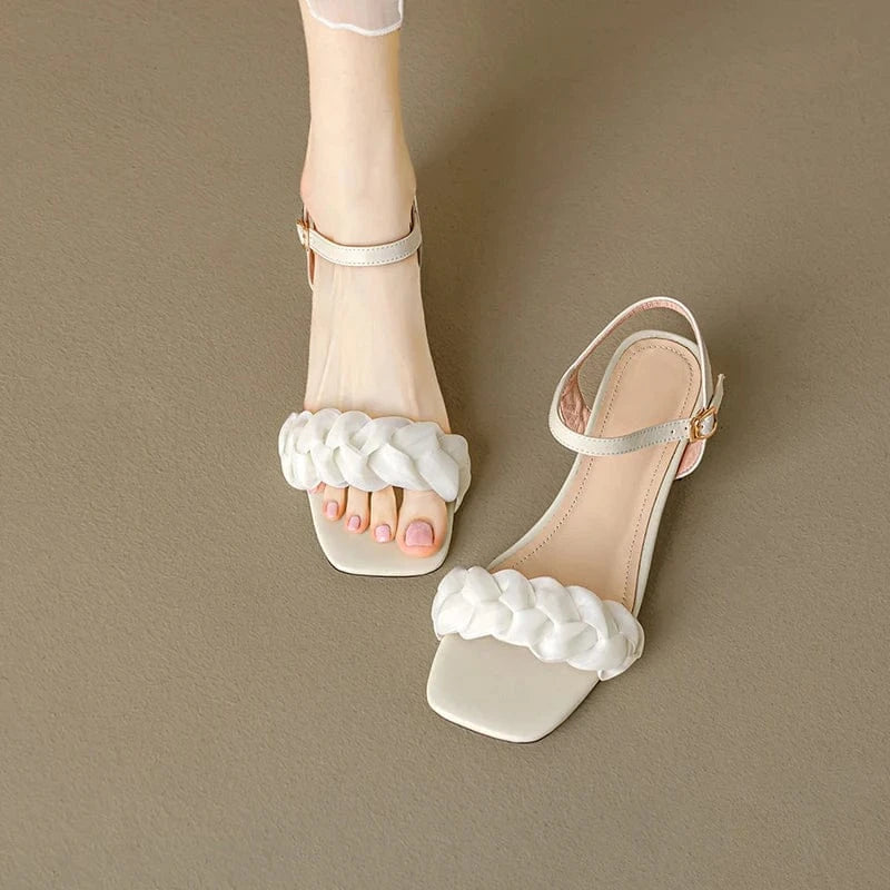 Ubililia Women Sandals Shoes Korean Style Buckle Fashion Mid Heels Shoes Ankle Straps Silk Chunky Heeled Sandals for Ladies