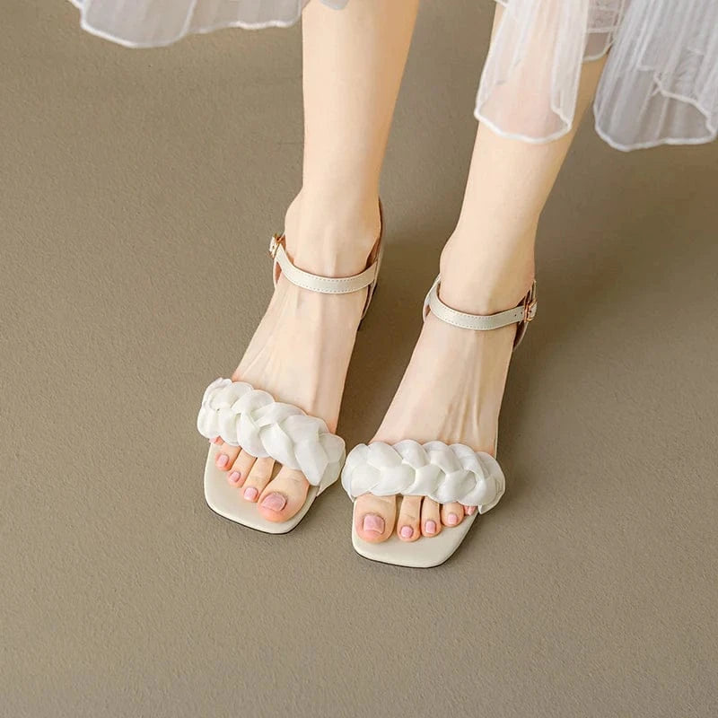 Ubililia Women Sandals Shoes Korean Style Buckle Fashion Mid Heels Shoes Ankle Straps Silk Chunky Heeled Sandals for Ladies