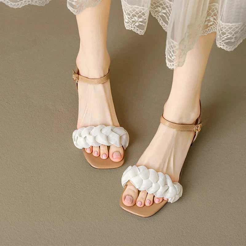 Ubililia Women Sandals Shoes Korean Style Buckle Fashion Mid Heels Shoes Ankle Straps Silk Chunky Heeled Sandals for Ladies