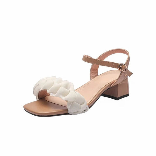 Ubililia Women Sandals Shoes Korean Style Buckle Fashion Mid Heels Shoes Ankle Straps Silk Chunky Heeled Sandals for Ladies
