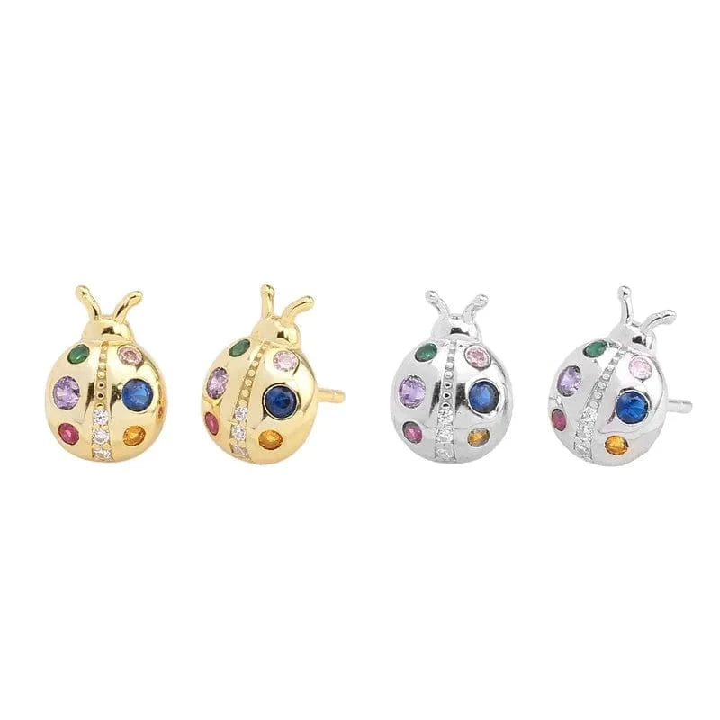 Unique luxury Simple 925 sterling silver Diamond Earrings Lady gold plated statement multi rainbow colored ladybug Stud Earring