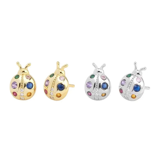 Unique luxury Simple 925 sterling silver Diamond Earrings Lady gold plated statement multi rainbow colored ladybug Stud Earring