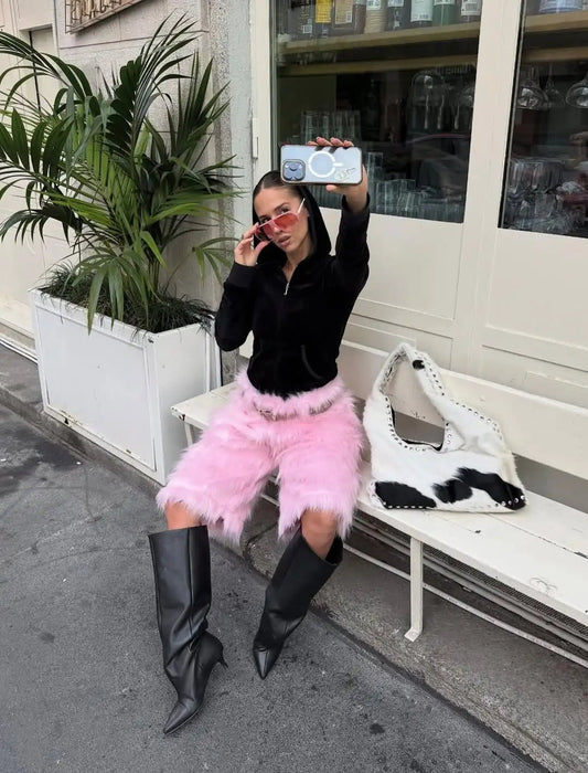 Unisex Ankle - Length Pants + Pink Plush Fabric + Y2K Harajuku Gothic Streetwear Trend - SN Wigs & More