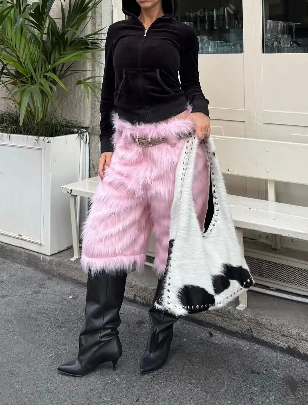 Unisex Ankle - Length Pants + Pink Plush Fabric + Y2K Harajuku Gothic Streetwear Trend - SN Wigs & More