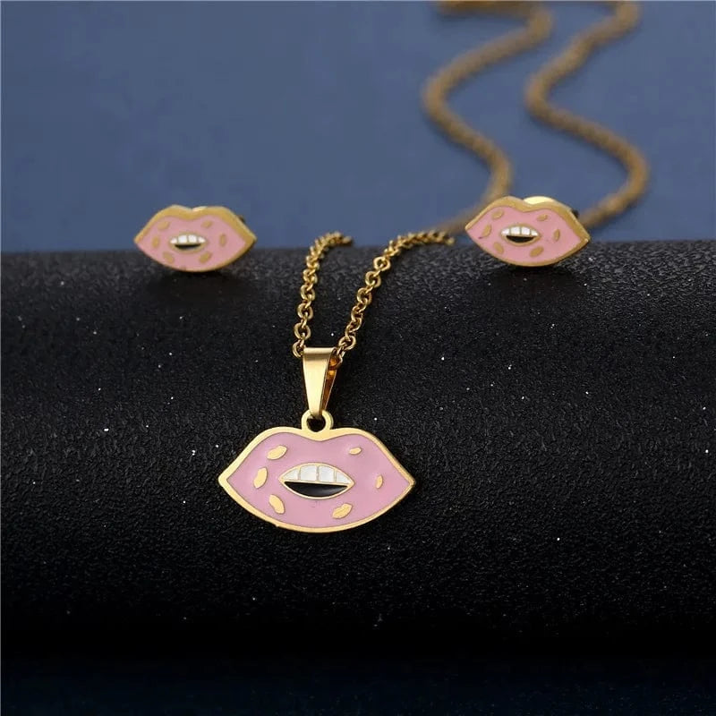 Unisex Stainless Steel Love Necklace and Earring Set Gold and Silver Plated Link Chain for Engagement Wedding Party Gift