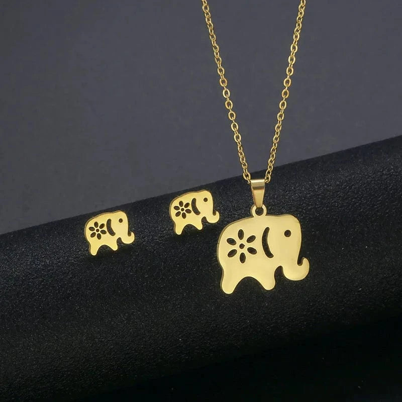 Unisex Stainless Steel Necklace Earring Set with Silver Plated Women's Geometric Buddha Hand Butterfly Elephant for Engagement