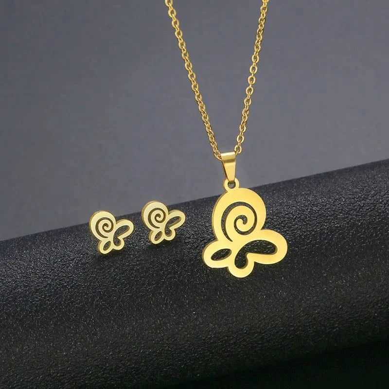 Unisex Stainless Steel Necklace Earring Set with Silver Plated Women's Geometric Buddha Hand Butterfly Elephant for Engagement