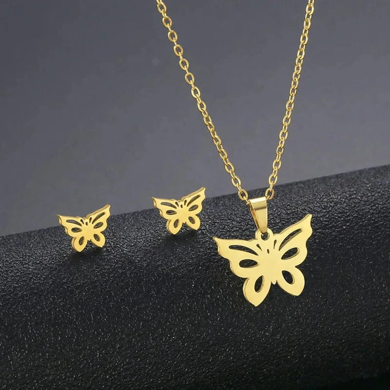 Unisex Stainless Steel Necklace Earring Set with Silver Plated Women's Geometric Buddha Hand Butterfly Elephant for Engagement