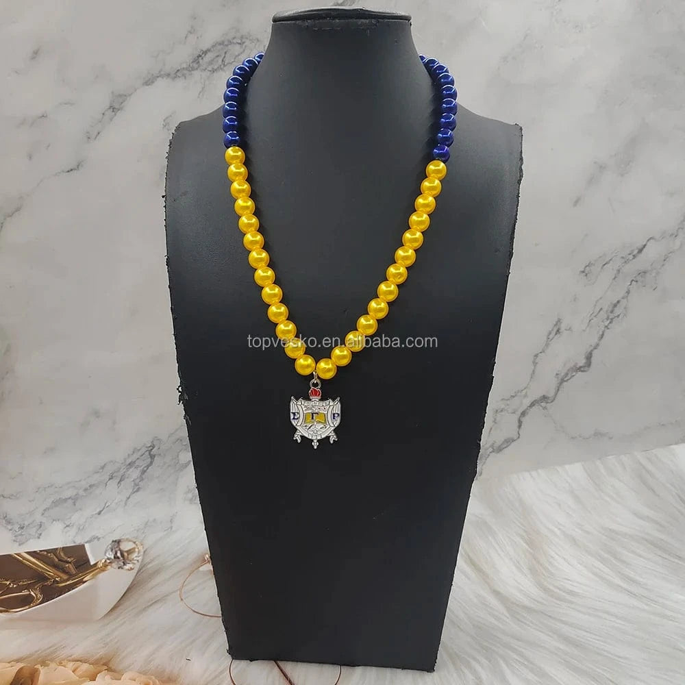 University Greek Sigma Gamma Rho Sorority Yellow Blue Pearls Enamel Poodle Charms Womens Necklace