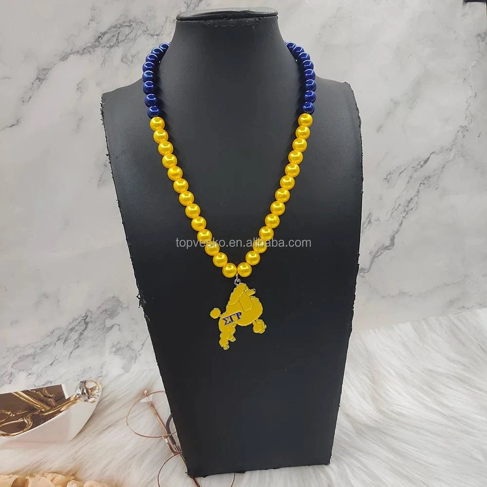 University Greek Sigma Gamma Rho Sorority Yellow Blue Pearls Enamel Poodle Charms Womens Necklace