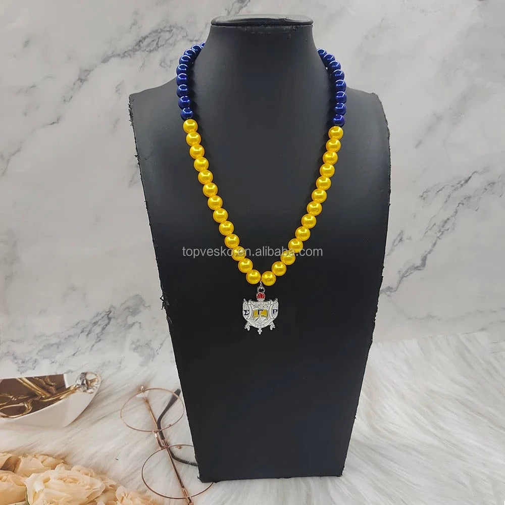 University Greek Sigma Gamma Rho Sorority Yellow Blue Pearls Enamel Poodle Charms Womens Necklace