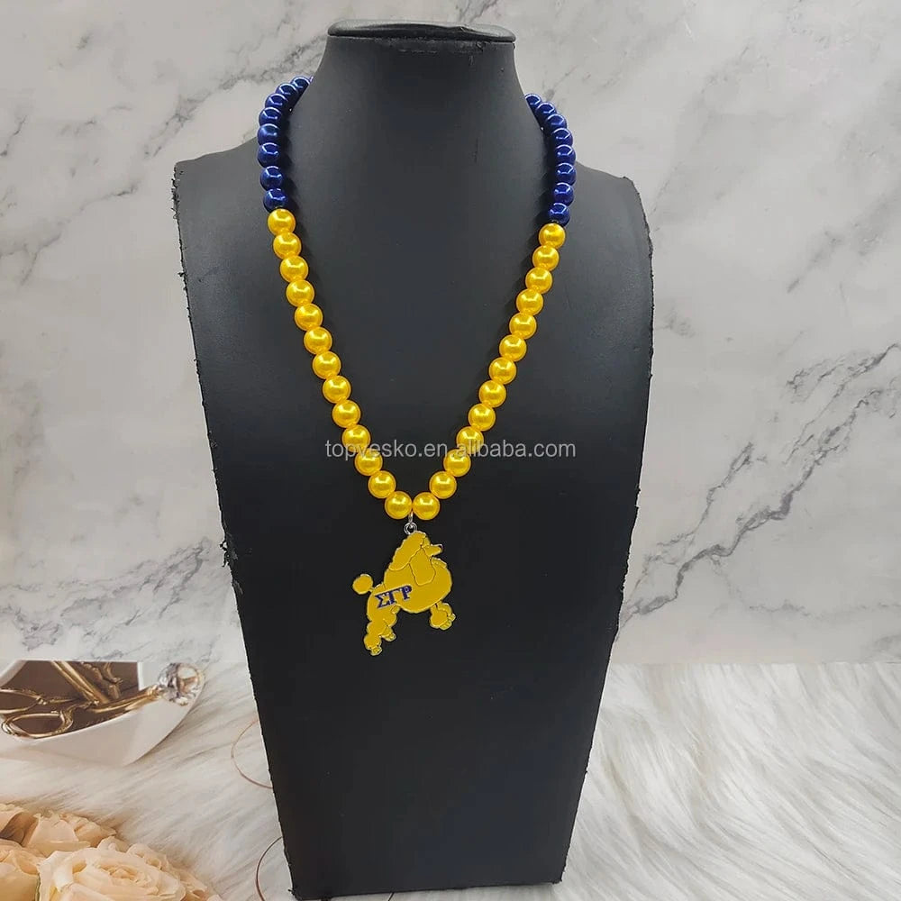 University Greek Sigma Gamma Rho Sorority Yellow Blue Pearls Enamel Poodle Charms Womens Necklace