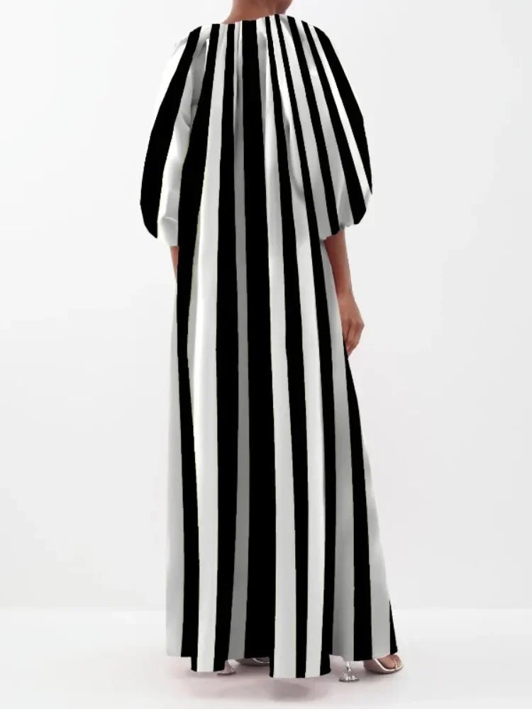 UOOZEE Female Stylish Striped Printed Party Evening Dresses 2025 New Spring Autumn Puff Sleeves Casual Going Out Urban Dress - SN Wigs & More