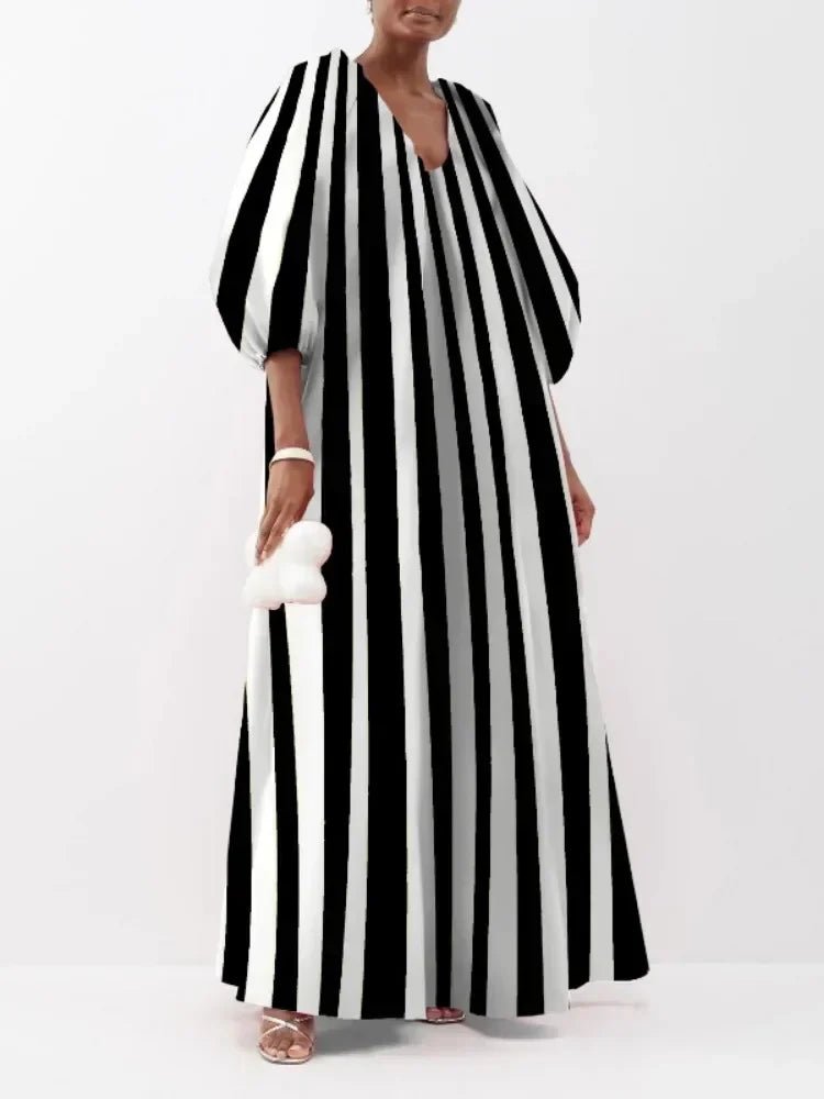 UOOZEE Female Stylish Striped Printed Party Evening Dresses 2025 New Spring Autumn Puff Sleeves Casual Going Out Urban Dress - SN Wigs & More