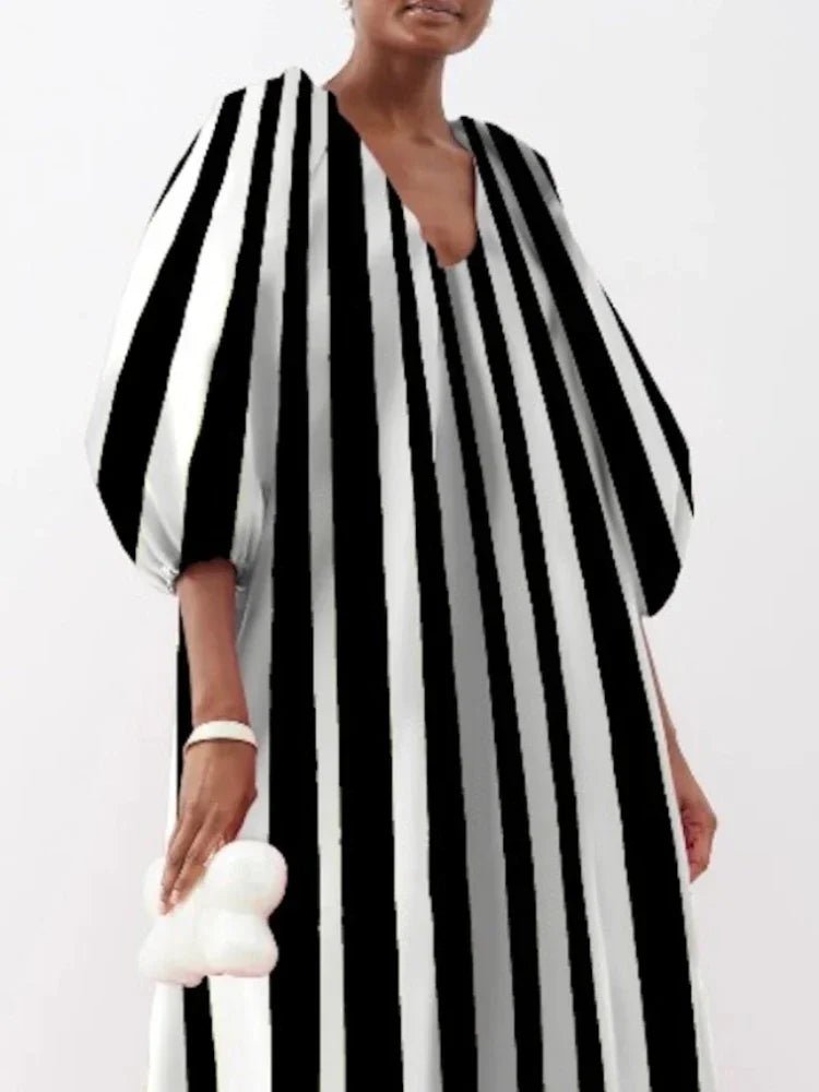 UOOZEE Female Stylish Striped Printed Party Evening Dresses 2025 New Spring Autumn Puff Sleeves Casual Going Out Urban Dress - SN Wigs & More