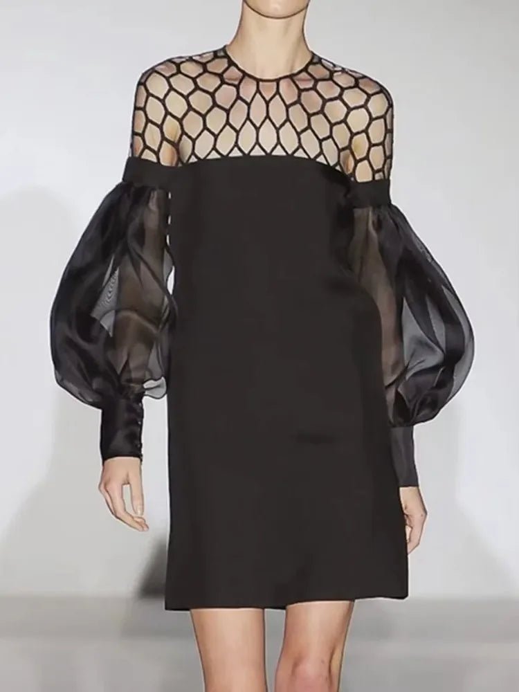 UOOZEE Urban Female Fashion Hollow O - Neck Party Evening Mini Dresses 2025 New See - through Puff Sleeve Elegant Office Black Dress - SN Wigs & More