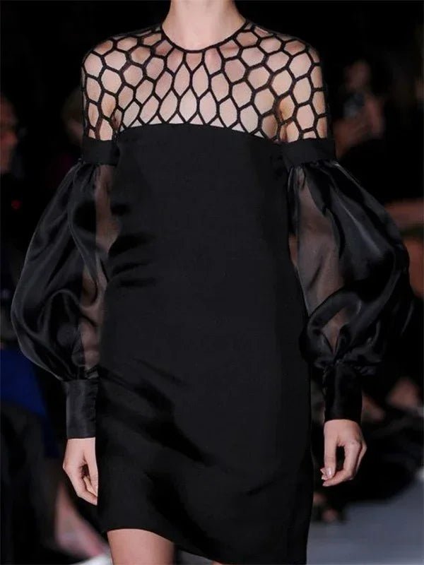 UOOZEE Urban Female Fashion Hollow O - Neck Party Evening Mini Dresses 2025 New See - through Puff Sleeve Elegant Office Black Dress - SN Wigs & More