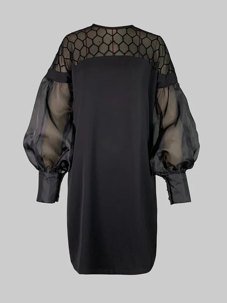 UOOZEE Urban Female Fashion Hollow O - Neck Party Evening Mini Dresses 2025 New See - through Puff Sleeve Elegant Office Black Dress - SN Wigs & More
