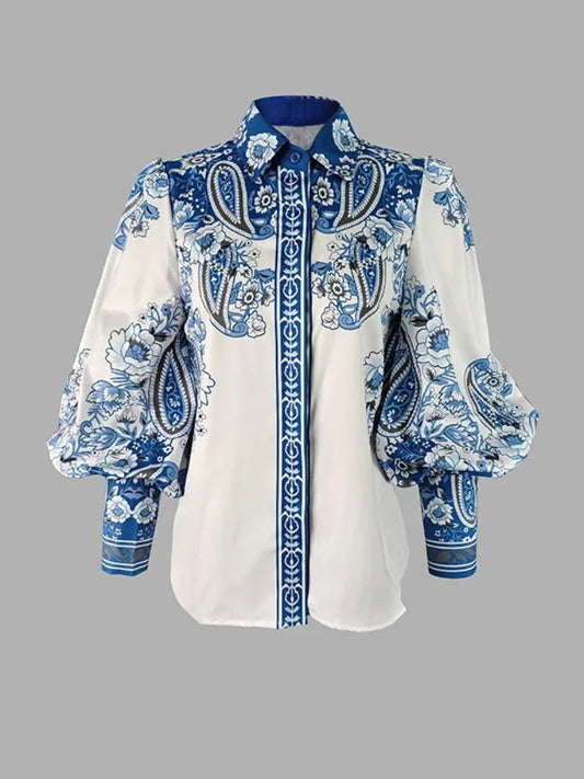 UOOZEE Vintage Blue Floral Printed Lapel Shirts For Women 2025 New Spring Summer Long Puff Sleeves Urban Casual Elegant Blouse - SN Wigs & More