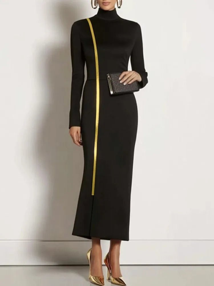 UOOZEE Women's Gold Webbing High Neck Bodycon Black Dress 2025 New Autumn Long Sleeves Slim Fit Elegant Evening Maxi Dresses - SN Wigs & More