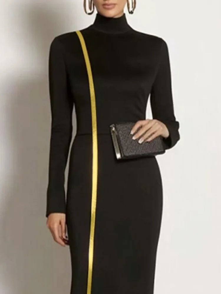 UOOZEE Women's Gold Webbing High Neck Bodycon Black Dress 2025 New Autumn Long Sleeves Slim Fit Elegant Evening Maxi Dresses - SN Wigs & More