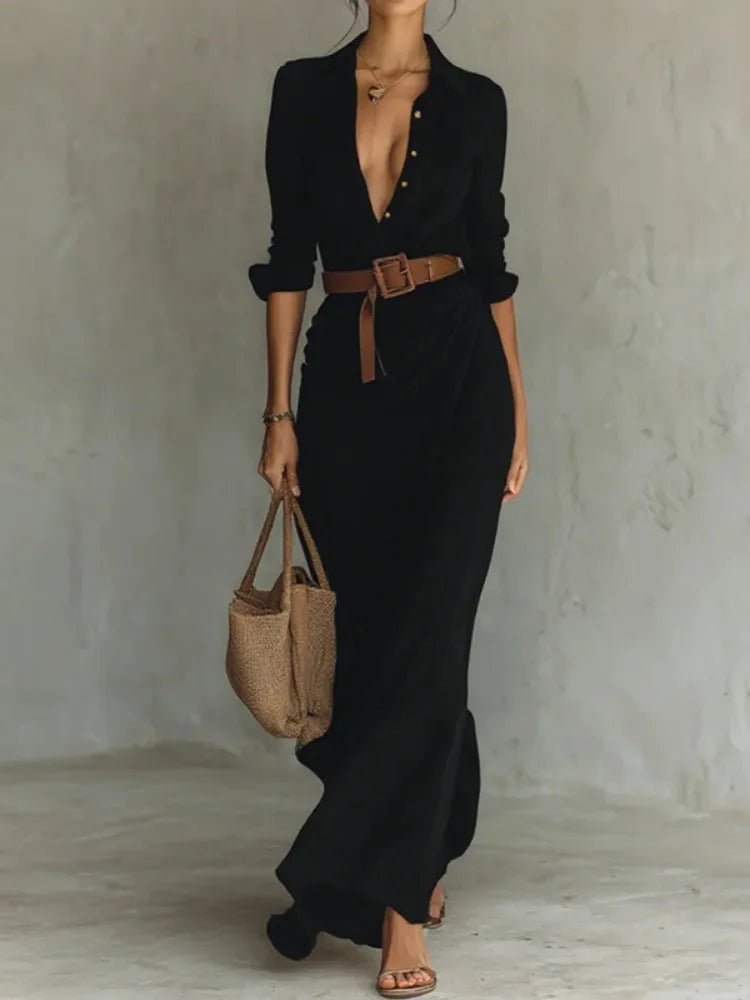 UOOZEE Women's Minimalist Solid Color Belted Lapel Shirts Dress Long Sleeves Split - Joint High Waisted Casual Office Maxi Dresses - SN Wigs & More