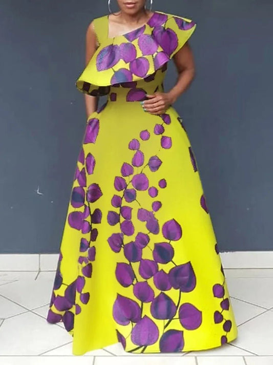 UOOZEE Women's One Shoulder Leaf Printed A - Line Dress 2025 New Sleeveless Asymmetric Collar Elegant Party Evening Maxi Dresses - SN Wigs & More