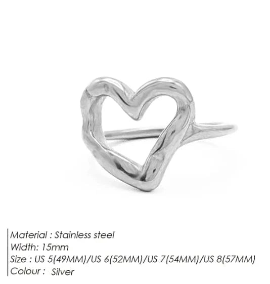 US 8 (56MM) / TR18902 - Silver eManco Openwork Heart Ring 316 Stainless Steel Geometric Round Ring Punk Style Women's Jewelry
