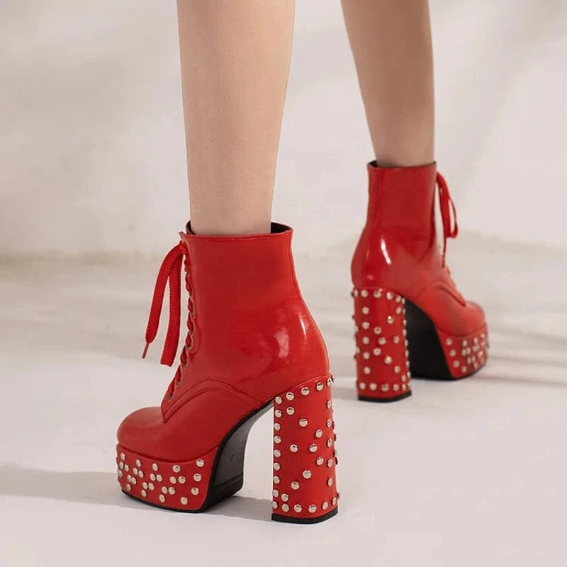 US Size 15 Large Size 48 for Big Feet Women's New Short Boots Lace up With Rivets Stud Platform Shoes Heels Chunky Booties