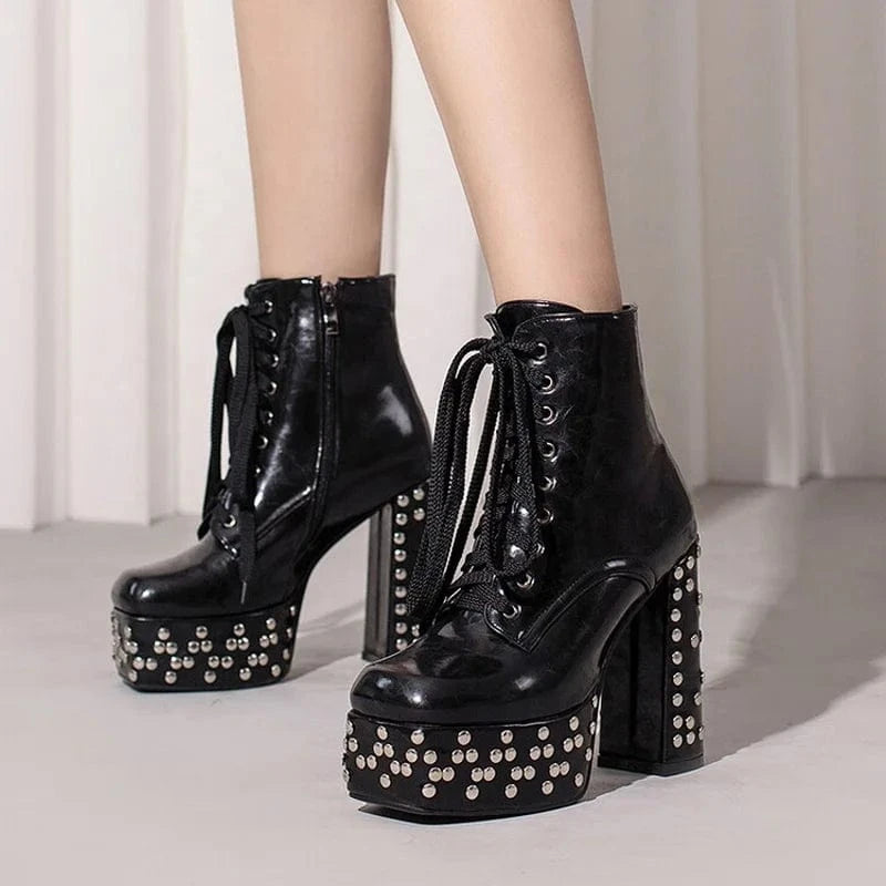 US Size 15 Large Size 48 for Big Feet Women's New Short Boots Lace up With Rivets Stud Platform Shoes Heels Chunky Booties