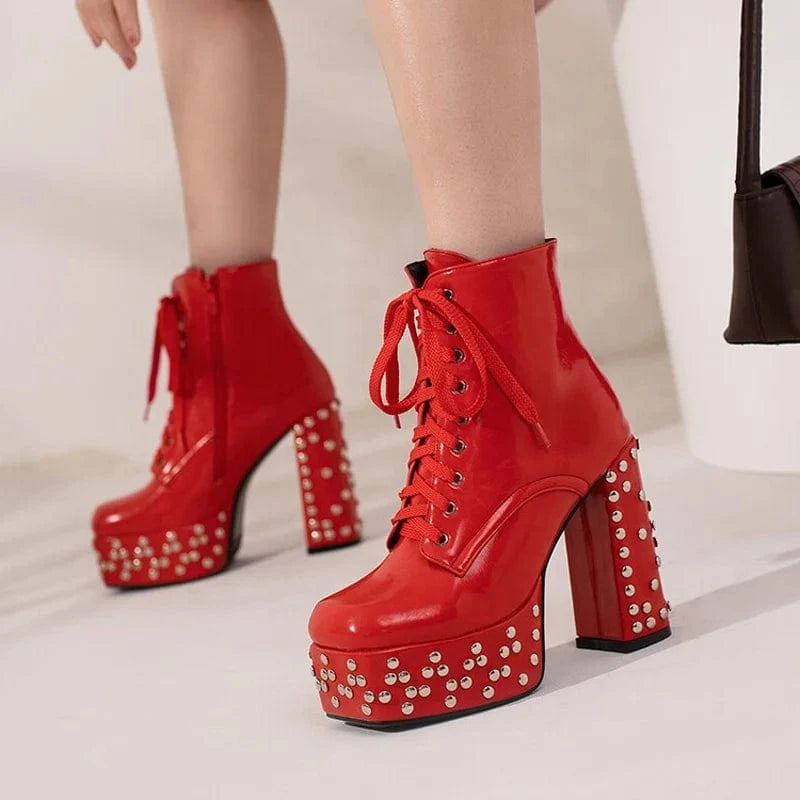 US Size 15 Large Size 48 for Big Feet Women's New Short Boots Lace up With Rivets Stud Platform Shoes Heels Chunky Booties