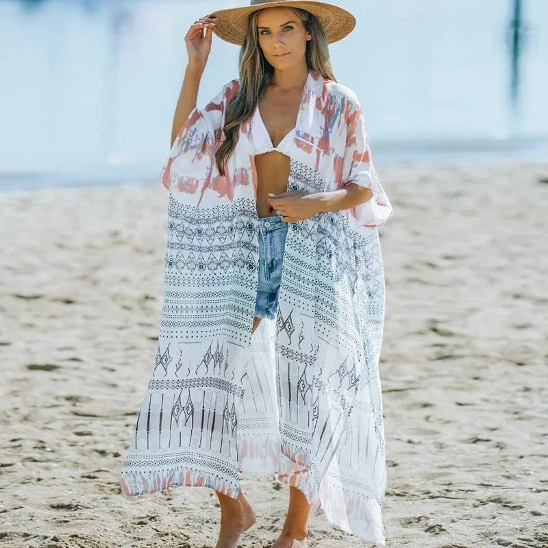 US SIZE ONE SIZE / apricot floral Fashion Women's Beach Cover Ups Bohemian Kimono Floral Print Summer Beach Casual Loose Cardigan Swimwear Cover Up