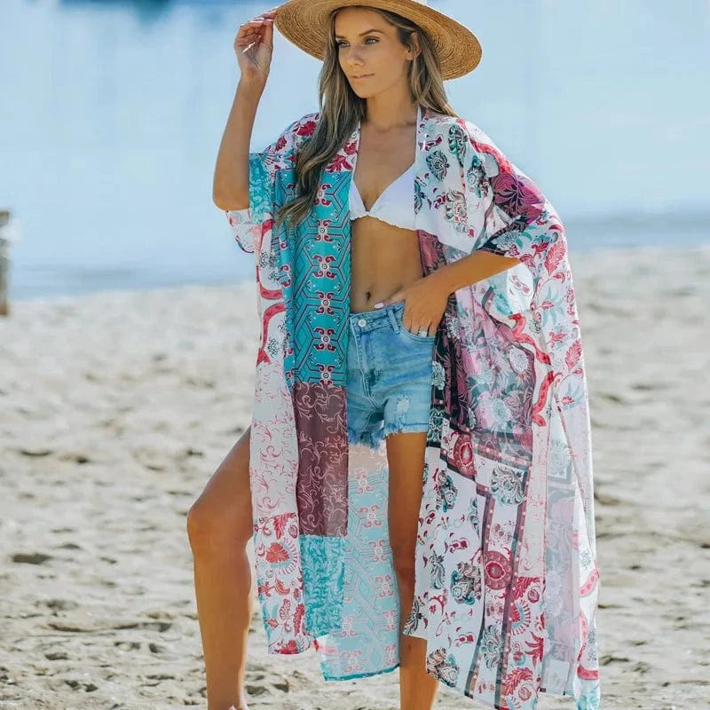 US SIZE ONE SIZE / color floral Fashion Women's Beach Cover Ups Bohemian Kimono Floral Print Summer Beach Casual Loose Cardigan Swimwear Cover Up