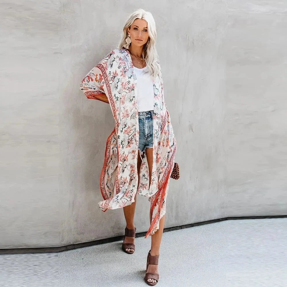 US SIZE ONE SIZE / White Floral Fashion Women's Beach Cover Ups Bohemian Kimono Floral Print Summer Beach Casual Loose Cardigan Swimwear Cover Up